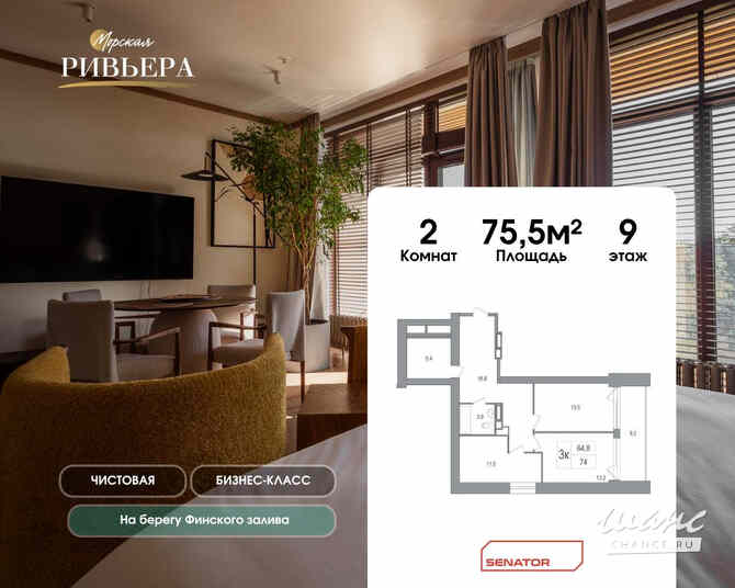2-к квартира, 75.5 м², этаж 9/12 Зеленогорск - изображение 1