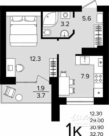 1-к квартира, 30.9 м², этаж 3/4 Гурьевск - изображение 3