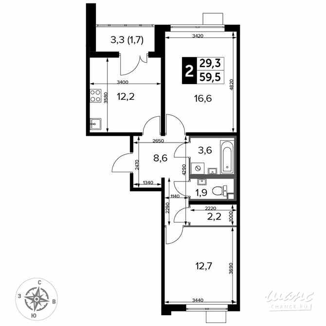 2-к квартира, 59.5 м², этаж 24/25 Люберцы - изображение 1