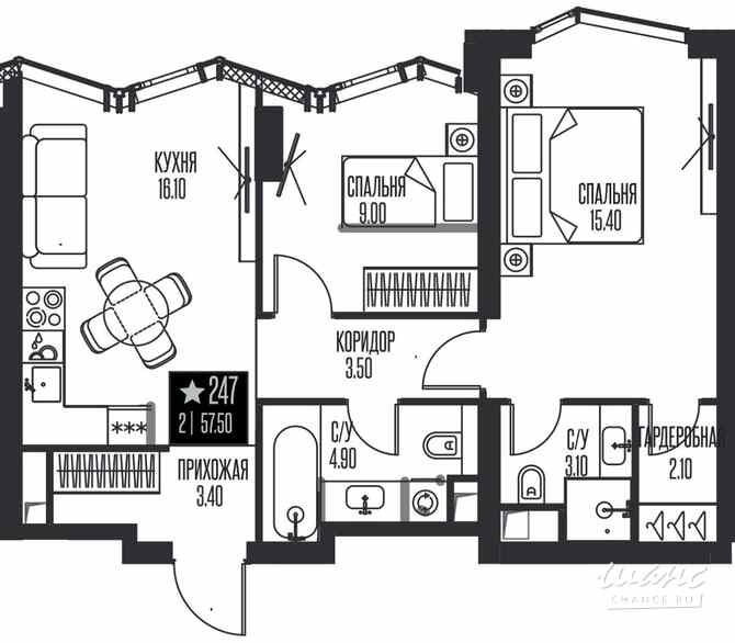 2-к квартира, 57.5 м², этаж 21/56 Москва - изображение 1