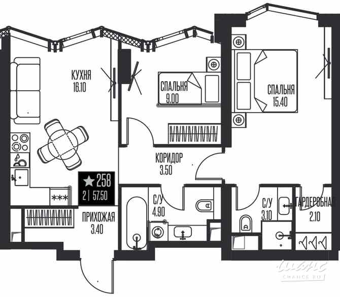 2-к квартира, 57.5 м², этаж 22/56 Москва - изображение 1