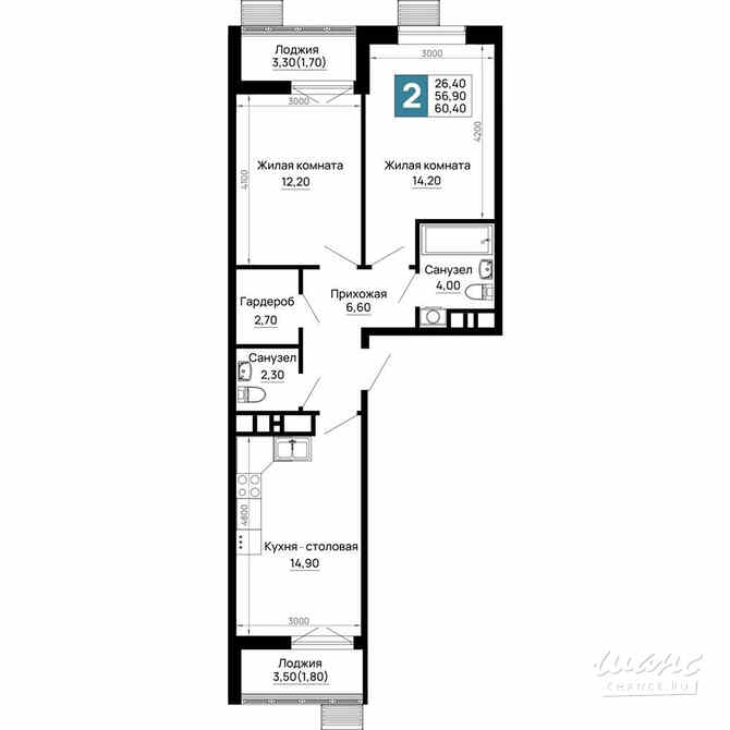 2-к квартира, 60.4 м², этаж 16/16 Тахтамукай - изображение 1