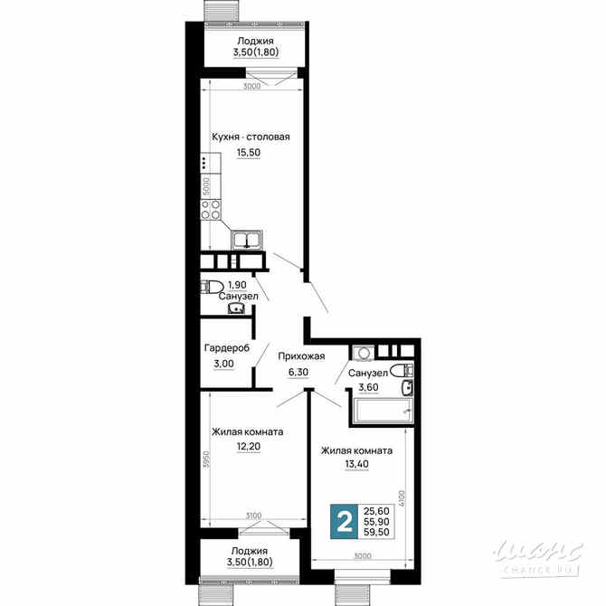 2-к квартира, 59.5 м², этаж 9/16 Тахтамукай - изображение 1