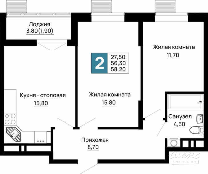 2-к квартира, 58.2 м², этаж 15/16 Тахтамукай - изображение 1