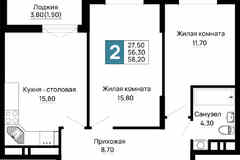 2-к квартира, 58.2 м², этаж 6/16