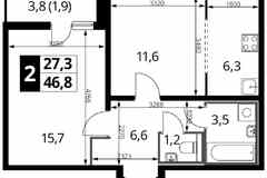 2-к квартира, 46.9 м², этаж 2/24
