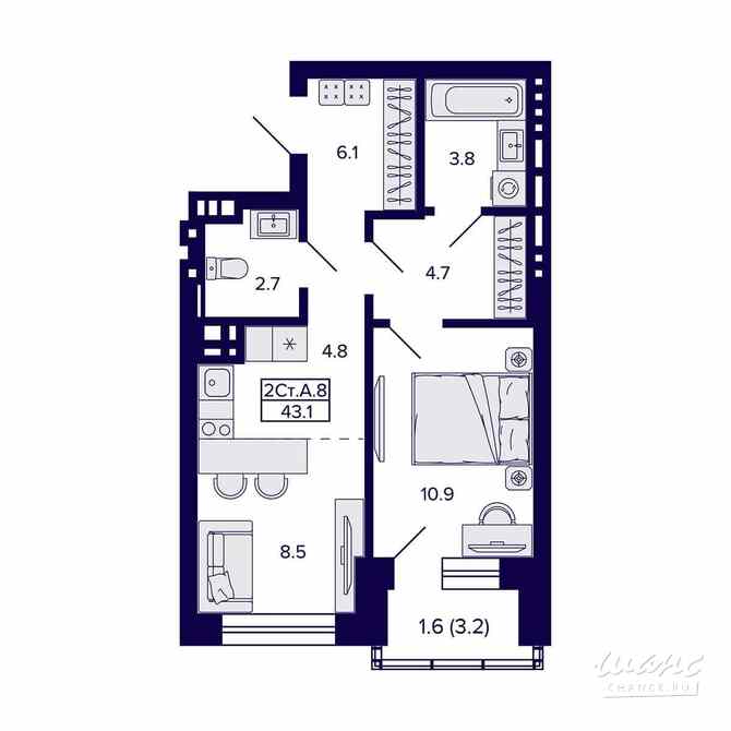 2-к квартира, 43.1 м², этаж 8/20 Новосибирск - изображение 1