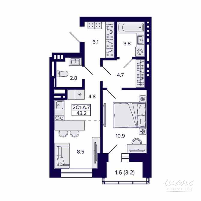 2-к квартира, 43.2 м², этаж 7/20 Новосибирск - изображение 1